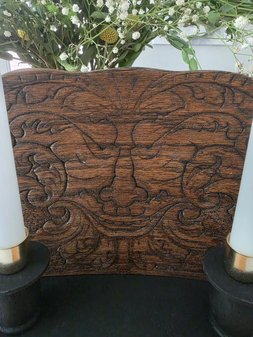 Wooden candle holder Vintage European folk art or Spanish/Gothic revival